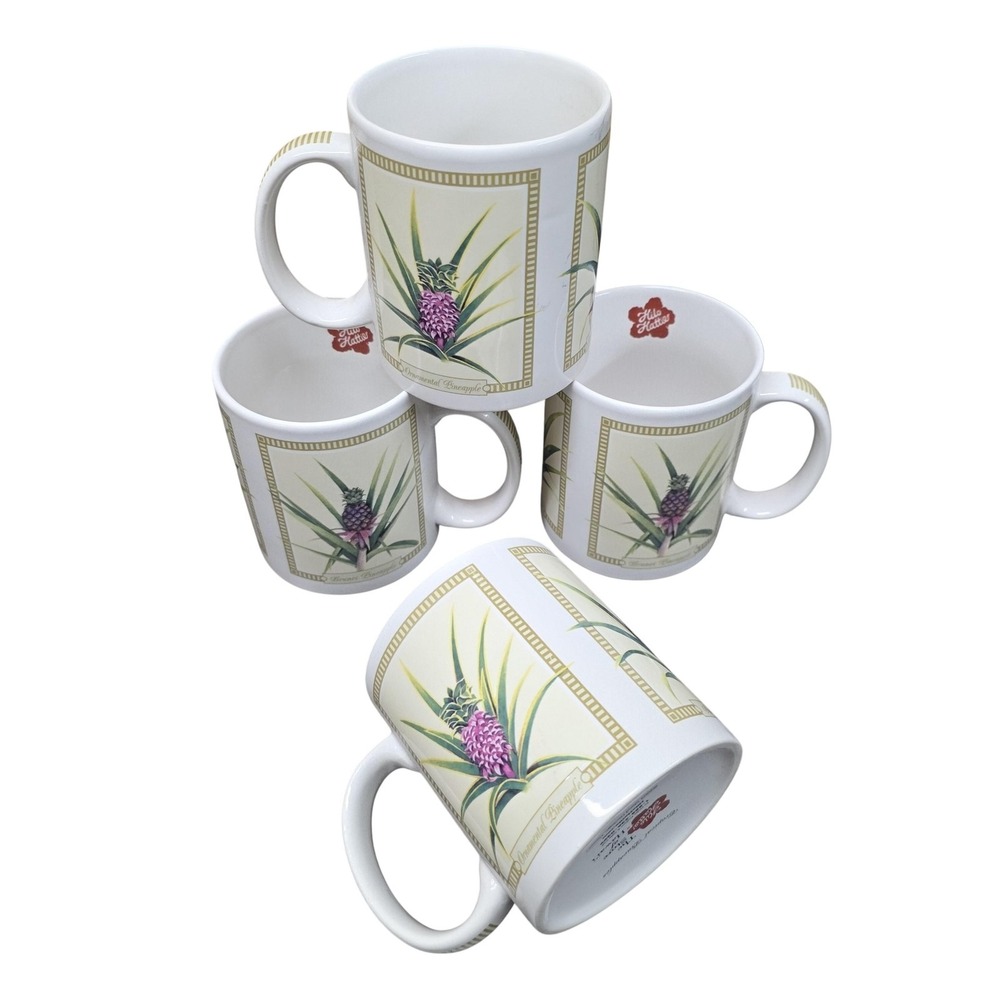 Vintage Hilo Hattie Tropical Pineapples White Ceramic Mugs Set Of‎ 4 Hawaii
